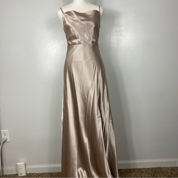 Birdy Grey Lisa Long Satin Dress Taupe Size 4  leg slit - Picture 2 of 12